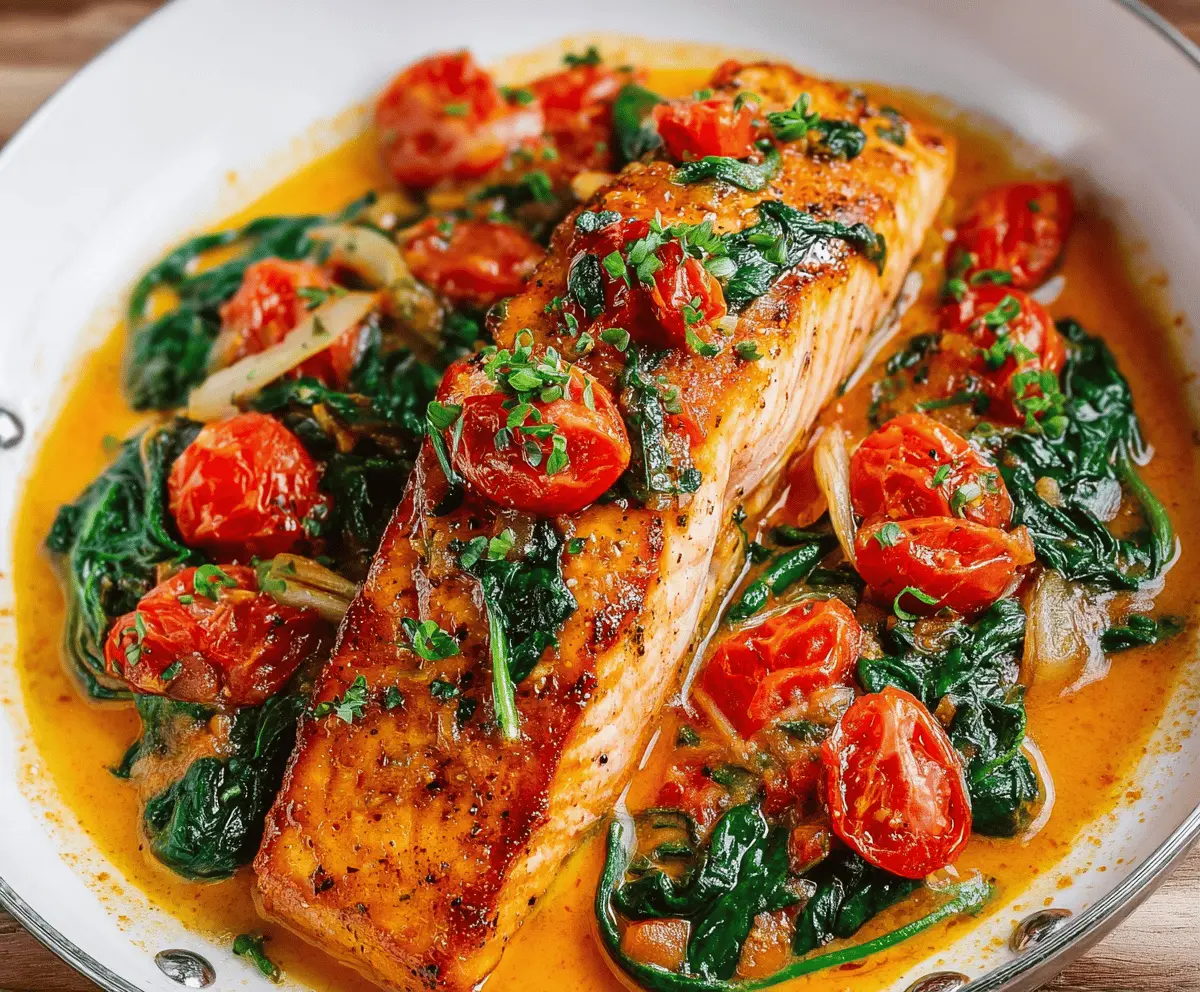 Easy Tuscan Garlic Salmon with Spinach and Tomatoes