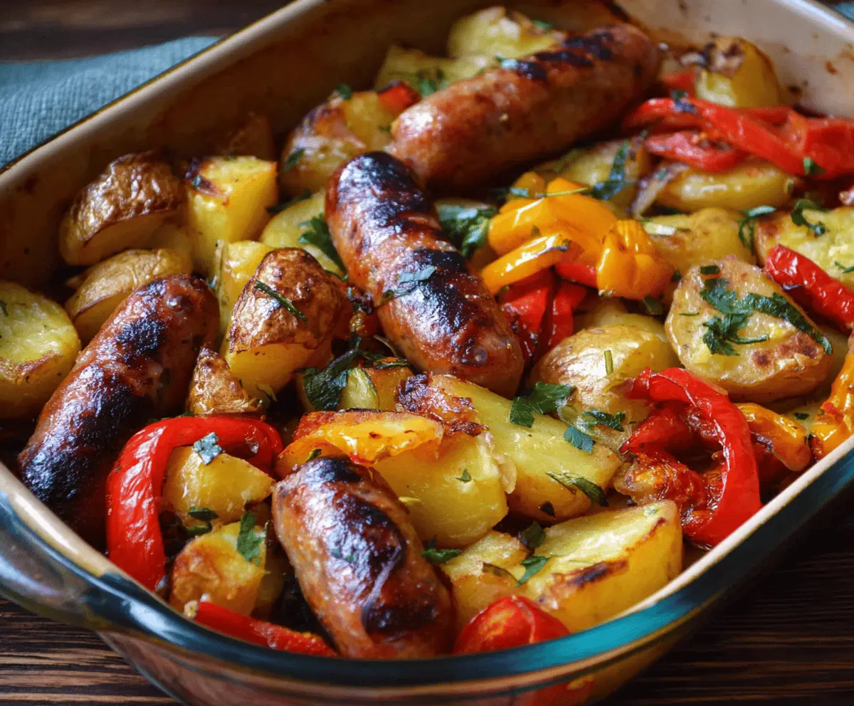 Easy Oven Roasted Sausages with Potatoes and Peppers