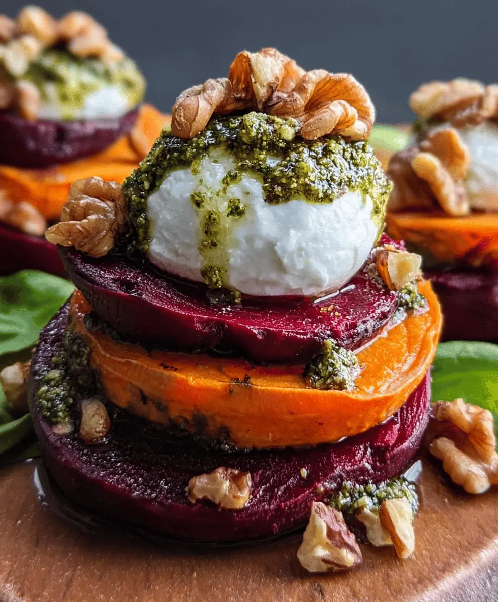 Sweet Potato and Beet Stacks with Pesto and Burrata