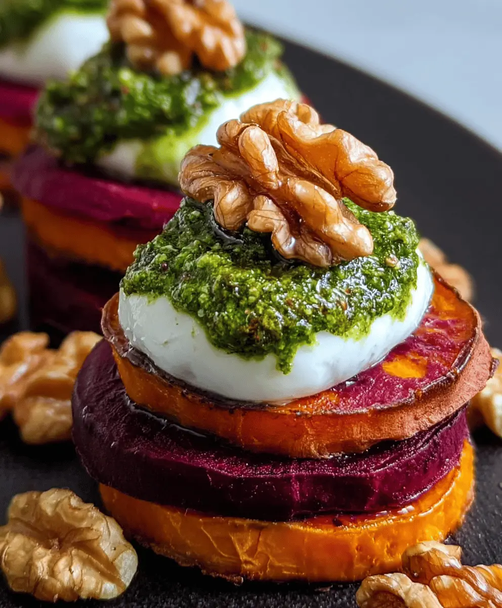 Sweet Potato and Beet Stacks with Pesto and Burrata