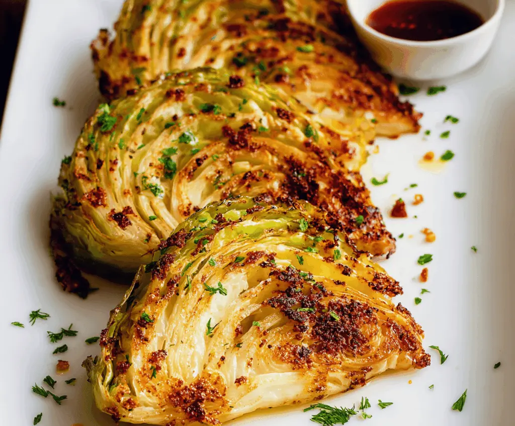 Crispy Air Fryer Cabbage Wedges served on a plate with lemon wedges and herbs, healthy vegetarian side dish
