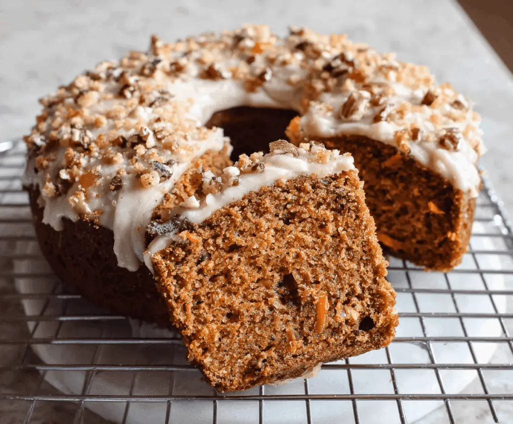 Delicious Carrot Date Spice Cake topped with cream cheese frosting and garnished with chopped nuts and cinnamon, ready to serve