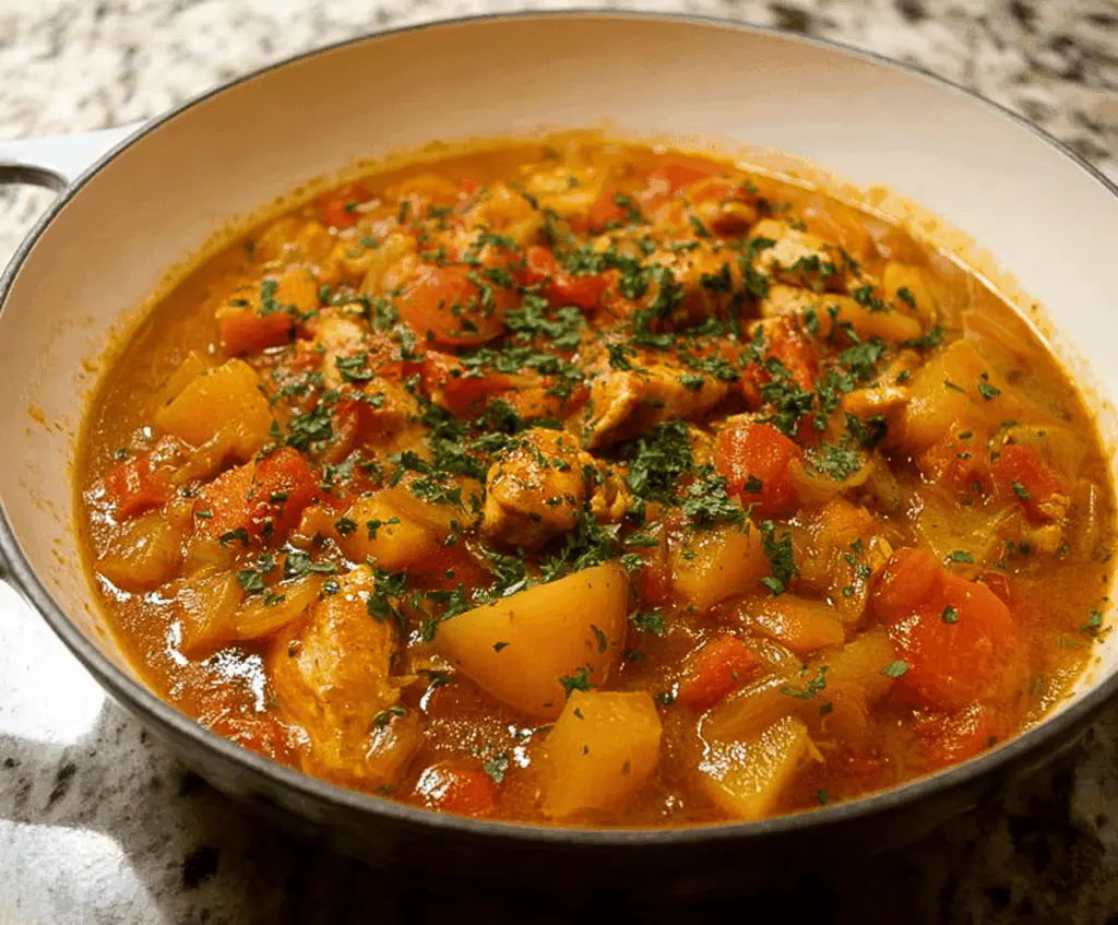 Hearty chicken stew with tender butternut squash and fresh vegetables in a rustic bowl