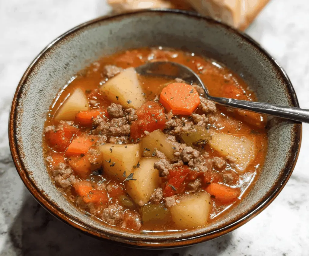Hearty Crock Pot Hamburger Stew with tender ground beef, vegetables, and savory broth in a slow cooker