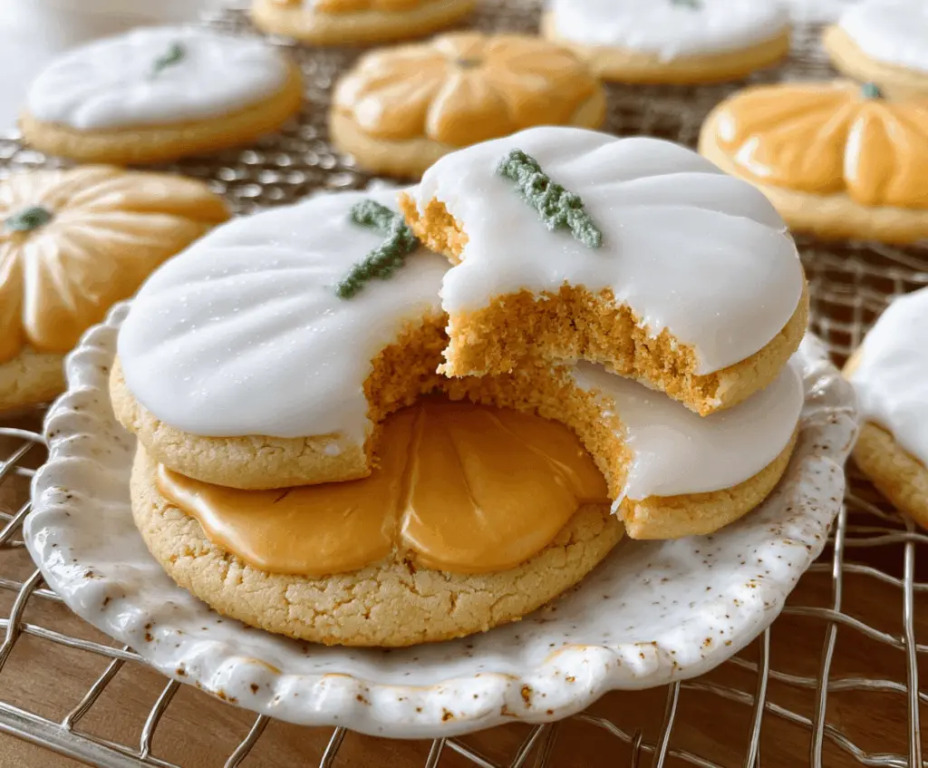 Delicious glazed pumpkin sugar cookies decorated with orange and white icing, perfect for fall desserts and holiday celebrations