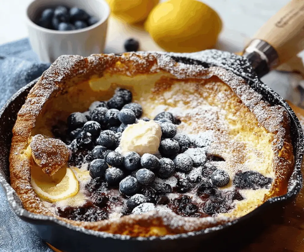 Delicious Lemon Blueberry Dutch Baby for Six served on a white plate with fresh blueberries and lemon slices