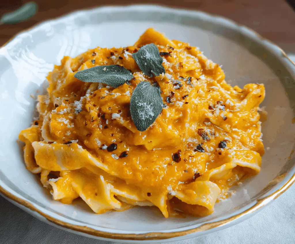 Creamy pumpkin puree pasta sauce garnished with fresh herbs in a white bowl on a rustic wooden table
