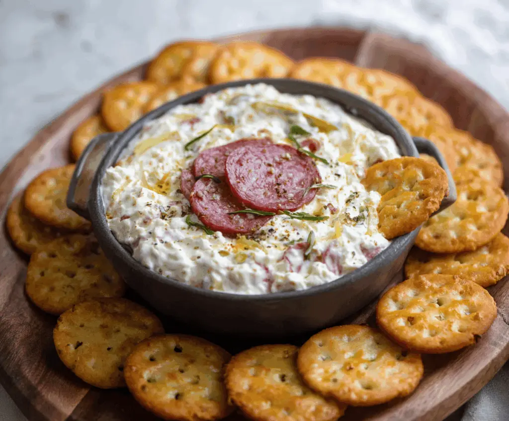 Creamy Salami Pickle Dip served in a bowl with fresh herbs, perfect for snacking and parties