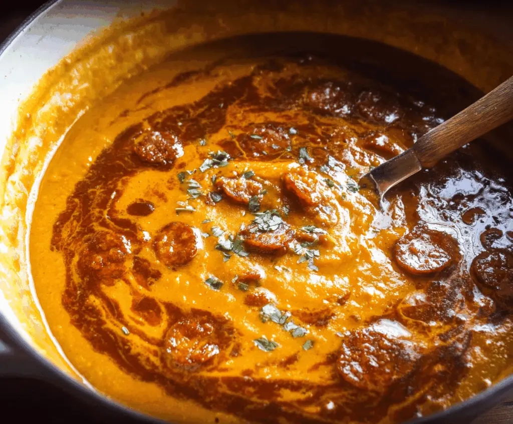 Creamy spicy chorizo pumpkin soup served in a bowl topped with fresh herbs and a swirl of cream, perfect for fall comfort meals.