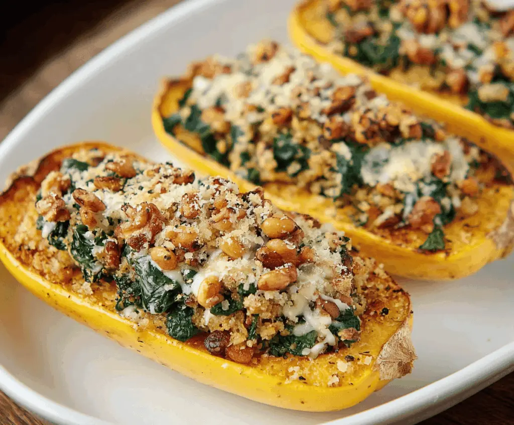Delicata squash stuffed with a flavorful mixture of vegetables and herbs, baked to golden perfection, ready to serve as a delicious and healthy vegetarian main dish.