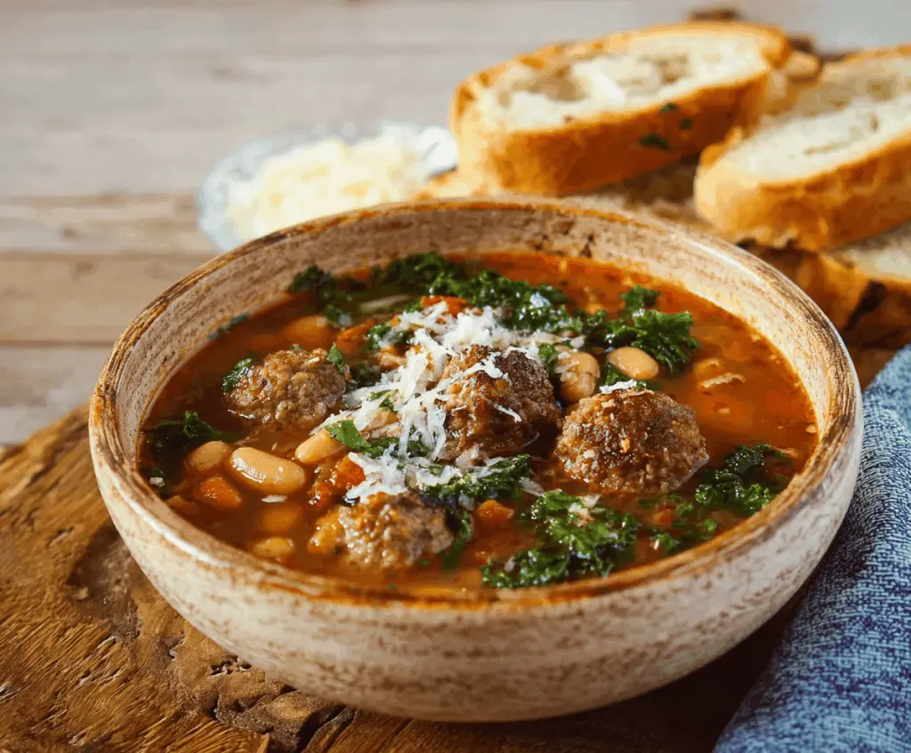 Hearty bowl of The BEST Meatball Bean Soup featuring homemade meatballs, kidney beans, vegetables, and herbs in a savory broth, perfect for a comforting meal.