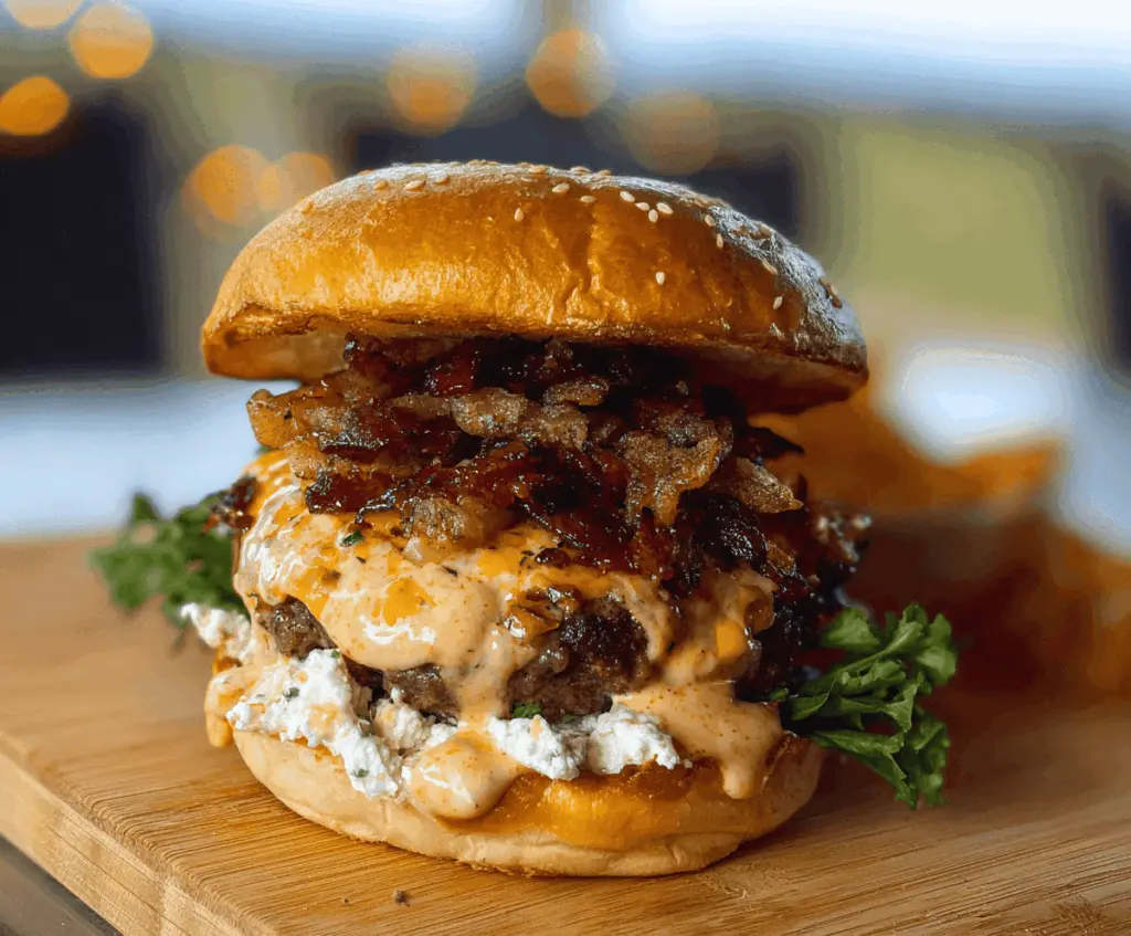 Juicy Thrilled Foodie Smash Burgers topped with melted cheese, fresh lettuce, tomatoes, and pickles on toasted buns, served on a wooden platter.
