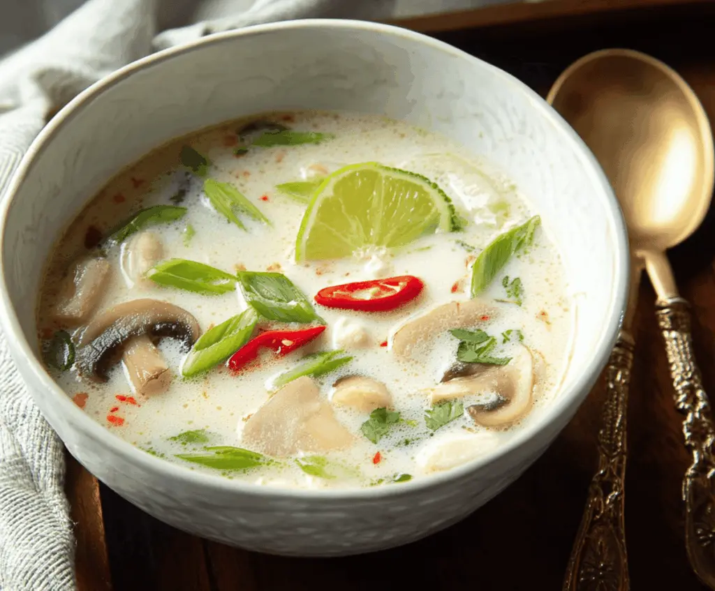 Creamy vegan Thai coconut soup featuring vibrant vegetables, fresh herbs, and a rich coconut broth in a bowl
