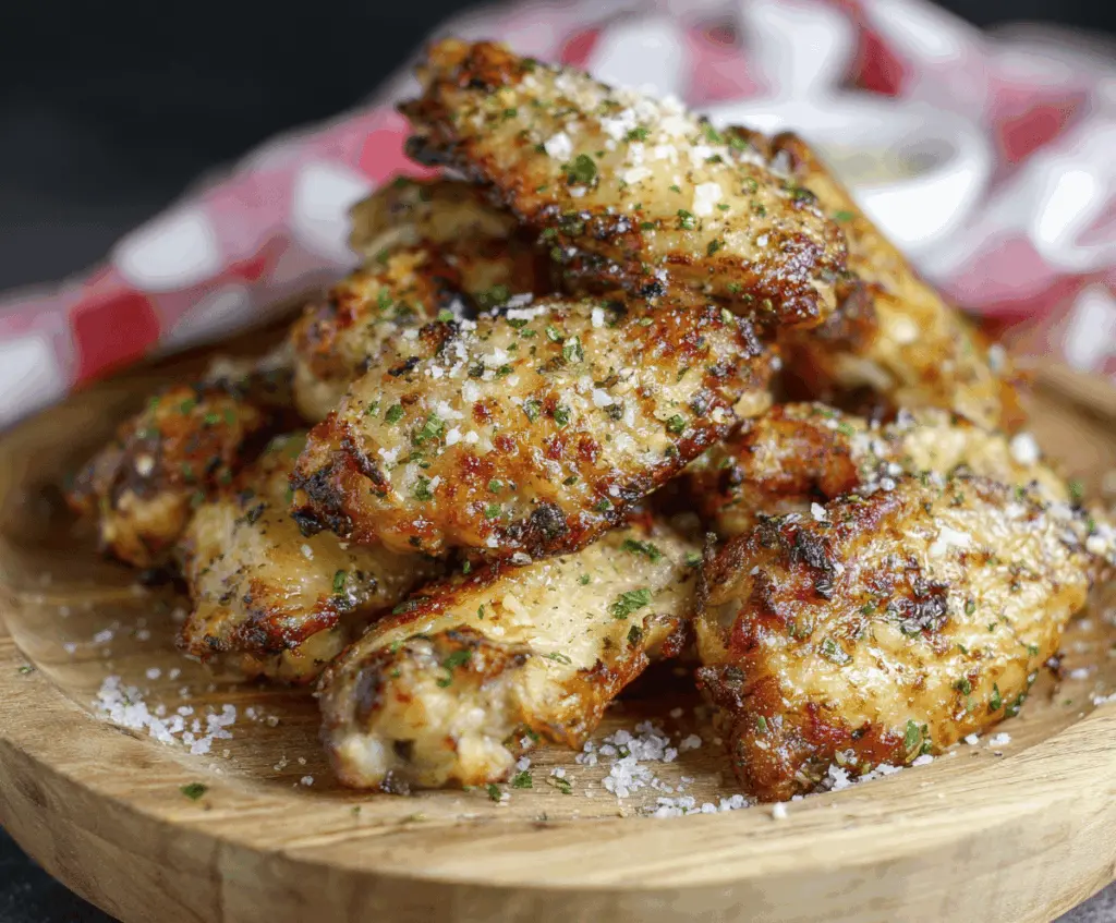 Golden crispy Air Fryer Buttery Parmesan Garlic Wings garnished with fresh herbs on a white plate, perfect for a delicious appetizer or snack