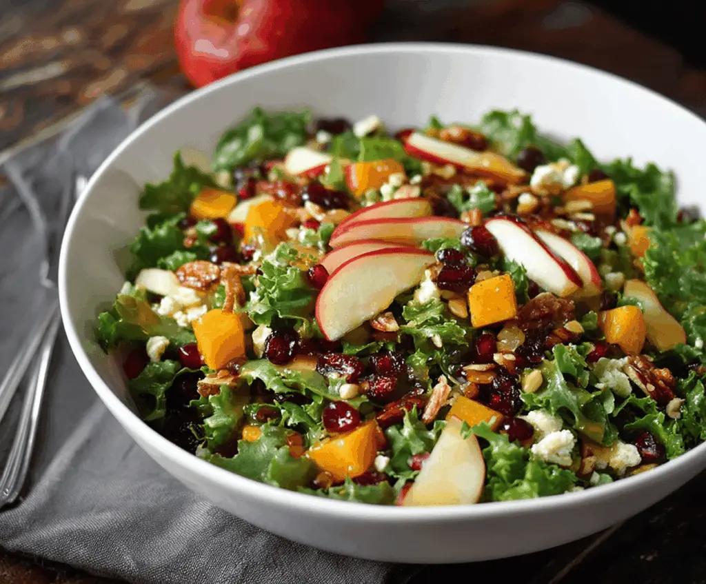 Fresh autumn salad with mixed greens, sliced apples, walnuts, and a tangy apple cider vinaigrette dressing