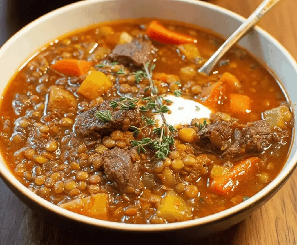Hearty beef and lentil stew in a bowl topped with fresh herbs, served with crusty bread on a rustic table