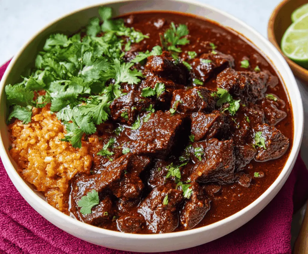 Delicious Beef Chile Colorado served with tender beef chunks in rich red chile sauce and garnished with fresh herbs