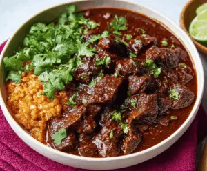 Delicious Beef Chile Colorado served with tender beef chunks in rich red chile sauce and garnished with fresh herbs