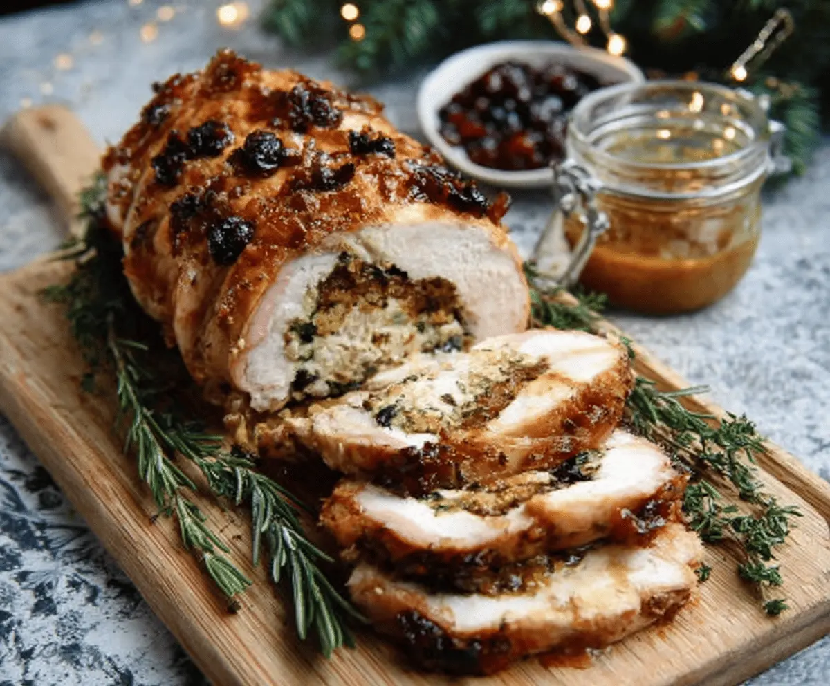 Delicious stuffed turkey breast perfect for Christmas celebration with savory filling and golden roasted exterior.