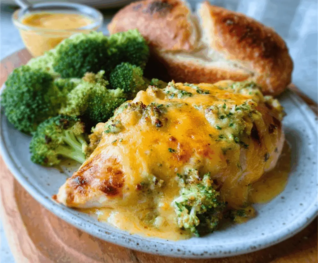 Delicious Broccoli Cheddar Chicken served on a plate with fresh vegetables