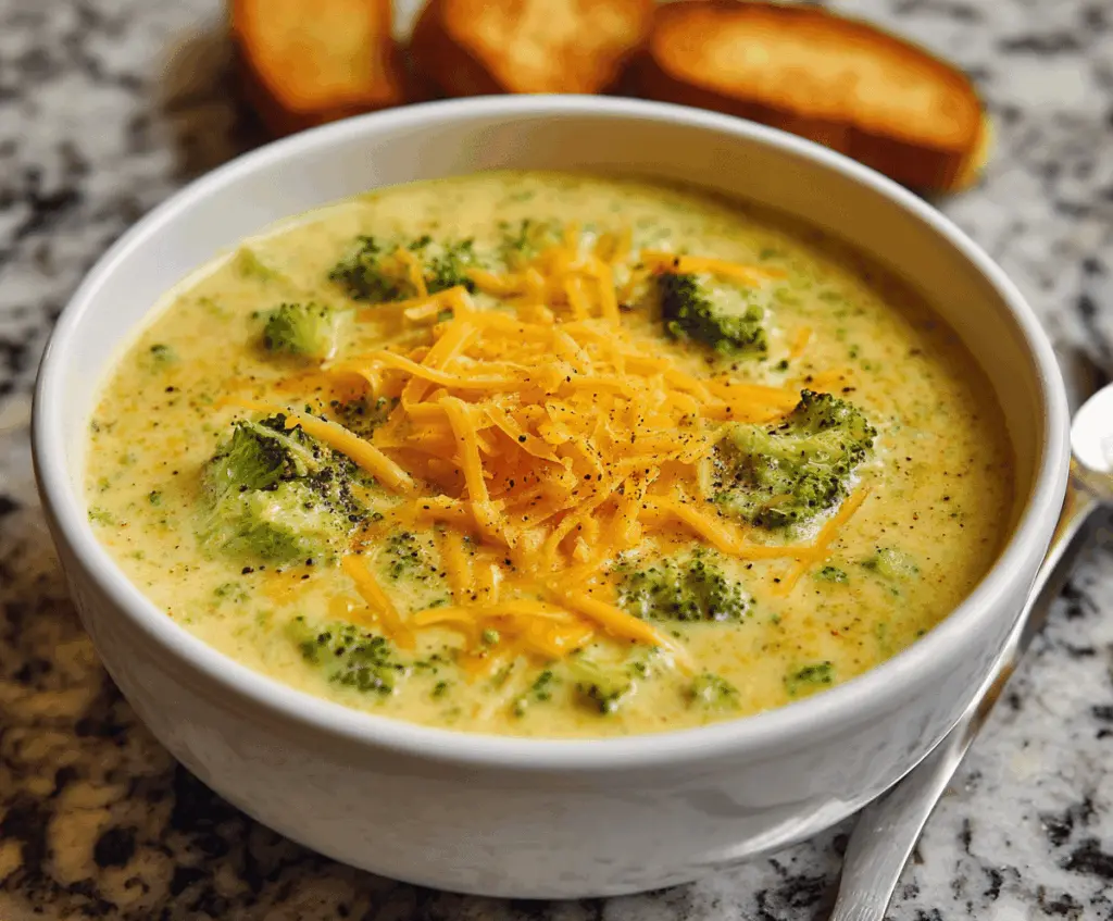 Creamy broccoli cheddar soup served in a bowl with fresh broccoli florets and shredded cheddar cheese, perfect for a cozy meal.