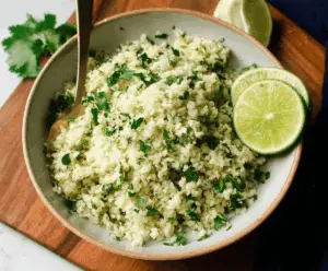 Fresh cilantro lime cauliflower rice served in a bowl, garnished with lime wedges and chopped cilantro for a healthy, flavorful vegetarian side dish.