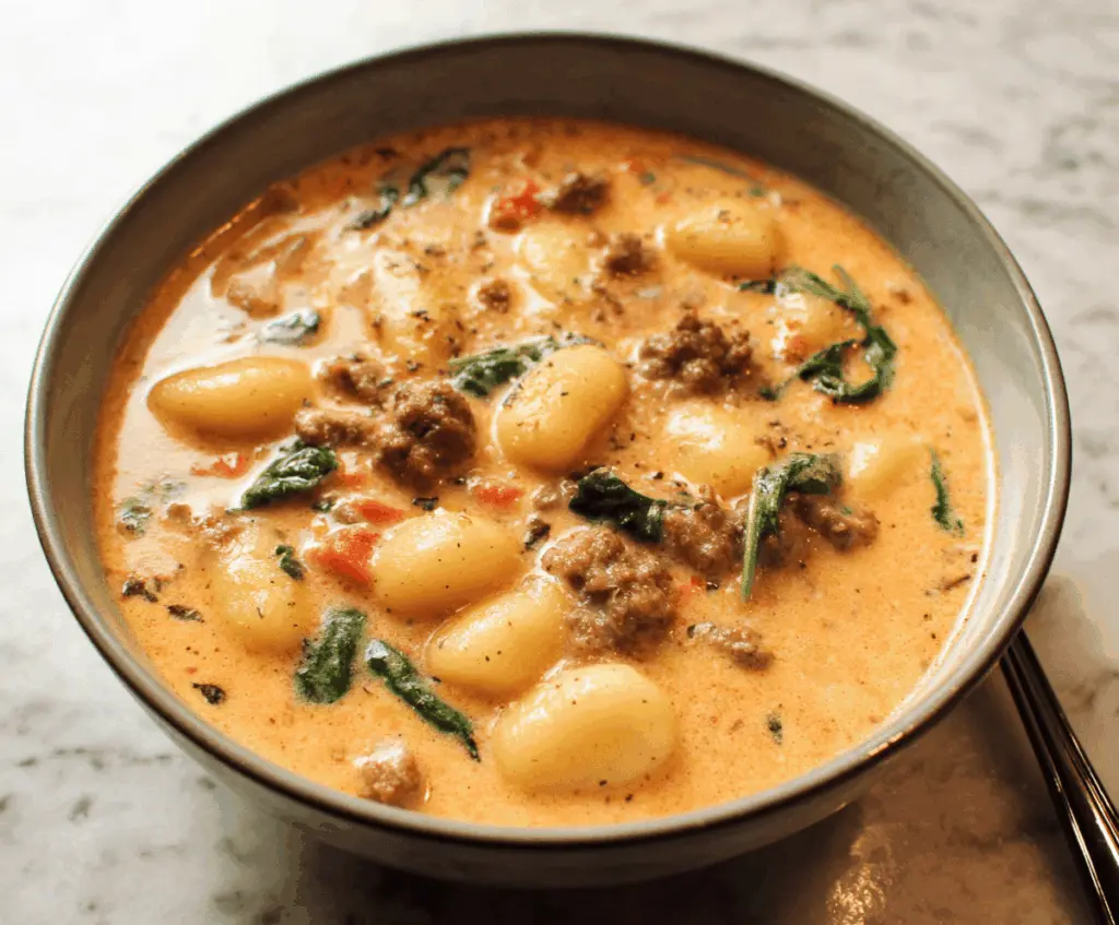 Creamy Italian Sausage Gnocchi Soup in a bowl with sausage, gnocchi, spinach, and melted cheese, garnished with herbs