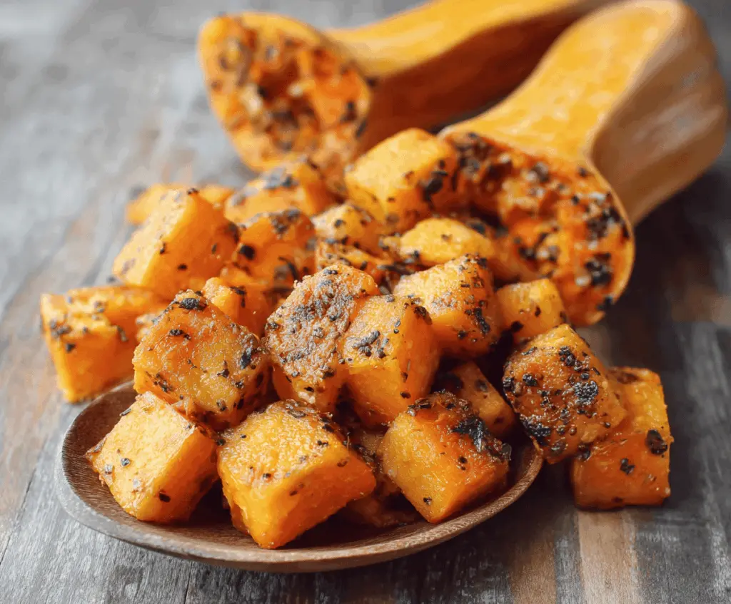 Creamy roasted butternut squash served on a rustic plate, showcasing vibrant orange flesh and tender texture, perfect for a comforting fall dish.