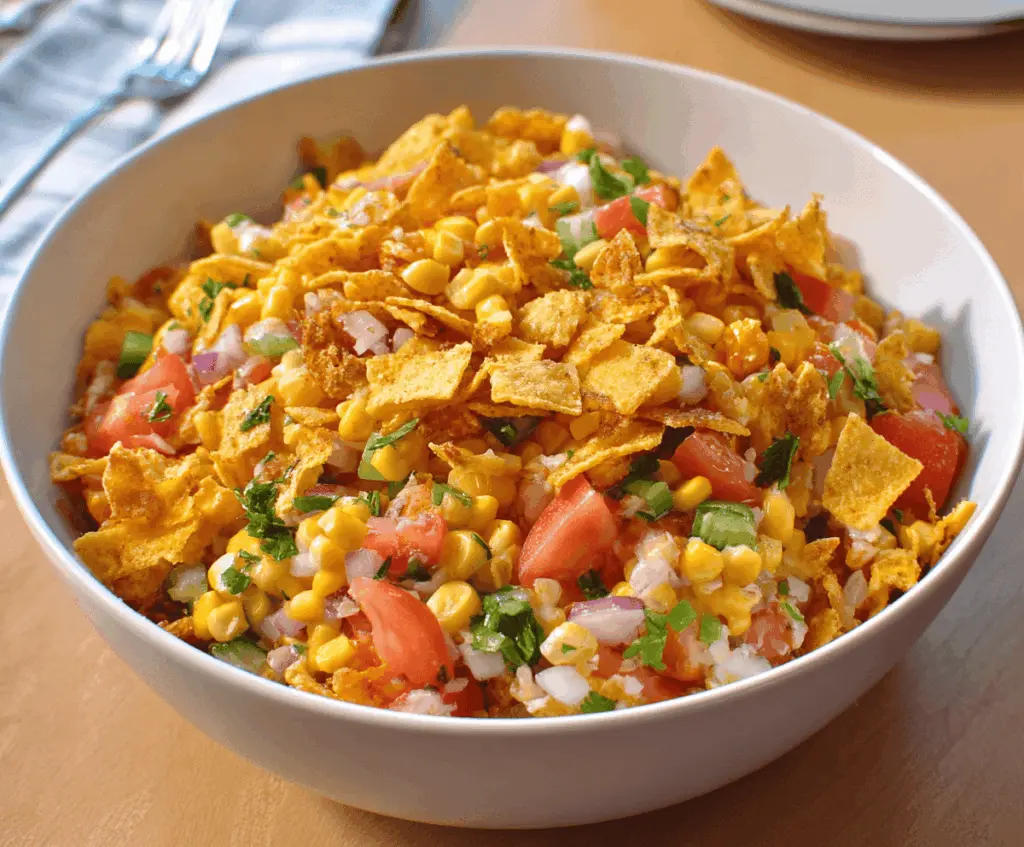 Delicious Easy Frito Corn Salad Recipe with fresh corn, crispy Fritos, and colorful vegetables.
