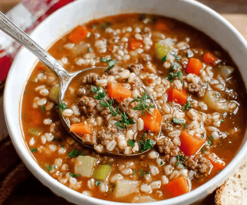 A bowl of hearty ground beef and barley soup garnished with fresh herbs, served with crusty bread on a rustic wooden table.