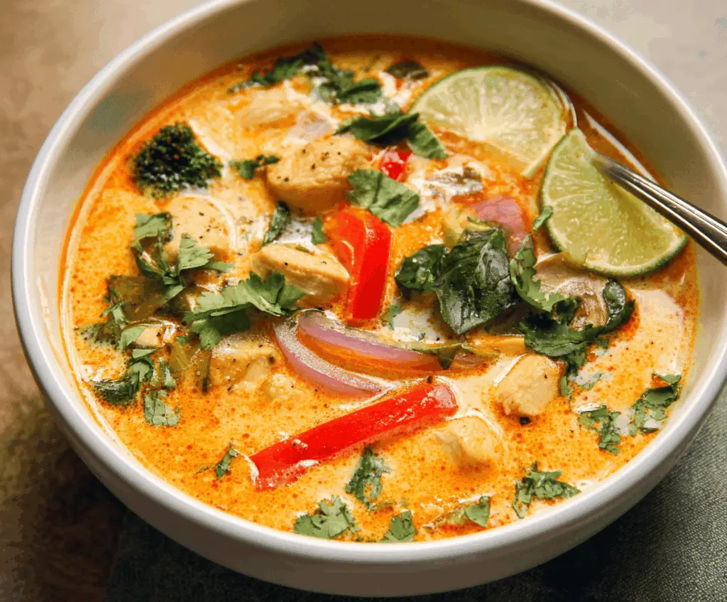 Creamy Thai coconut chicken soup with fresh herbs, vegetables, and tender chicken in a flavorful coconut milk broth, perfect for a comforting and spicy meal.