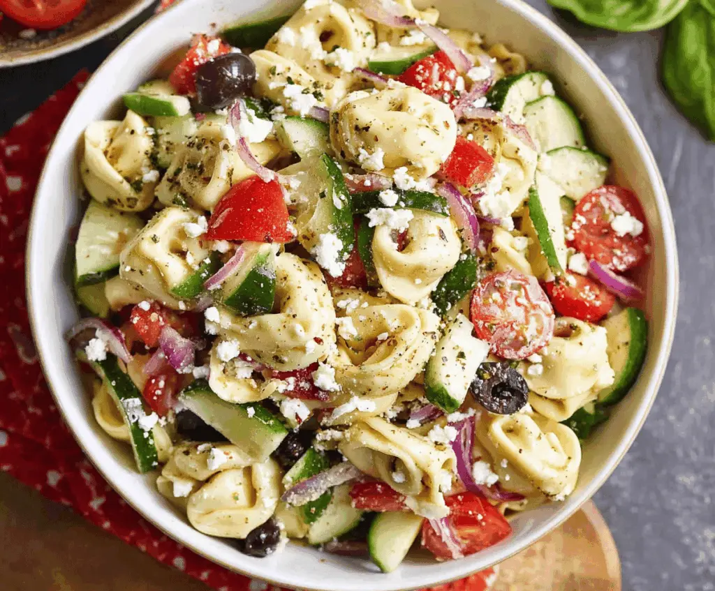 Delicious Greek tortellini pasta salad with fresh vegetables and feta cheese served in a bowl.