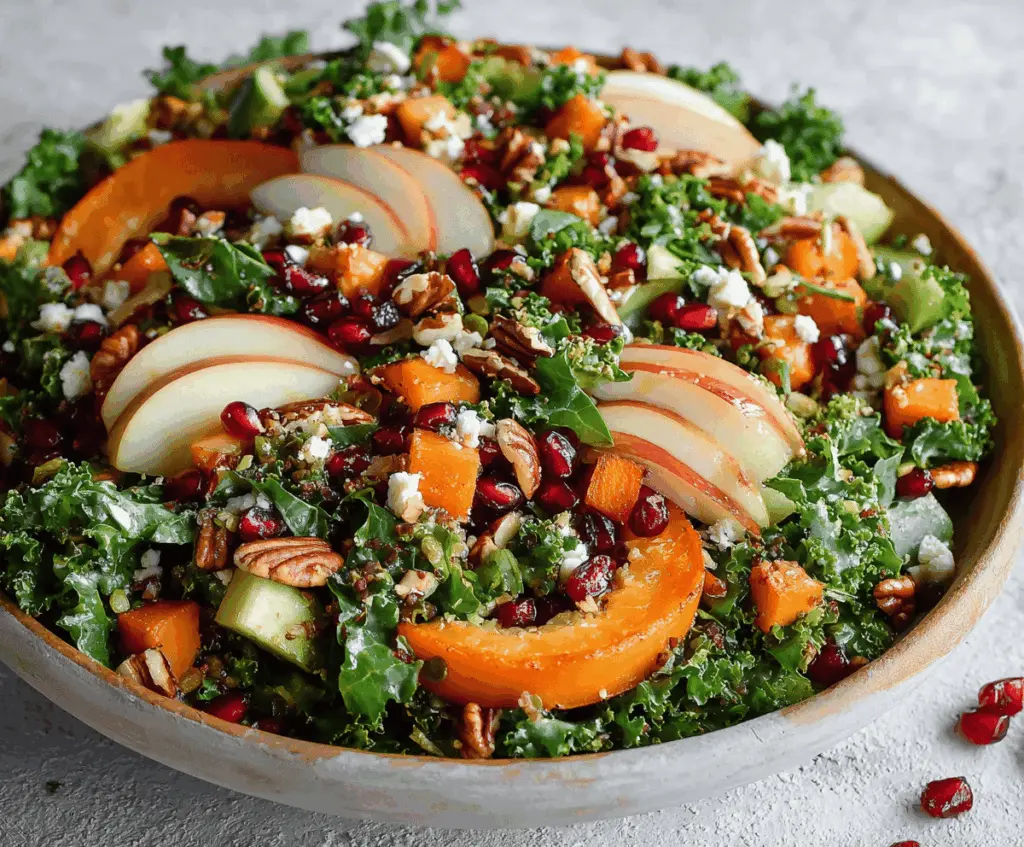 Colorful Healthy Fall Harvest Salad with fresh seasonal vegetables, leafy greens, and a light vinaigrette, perfect for autumn meals.