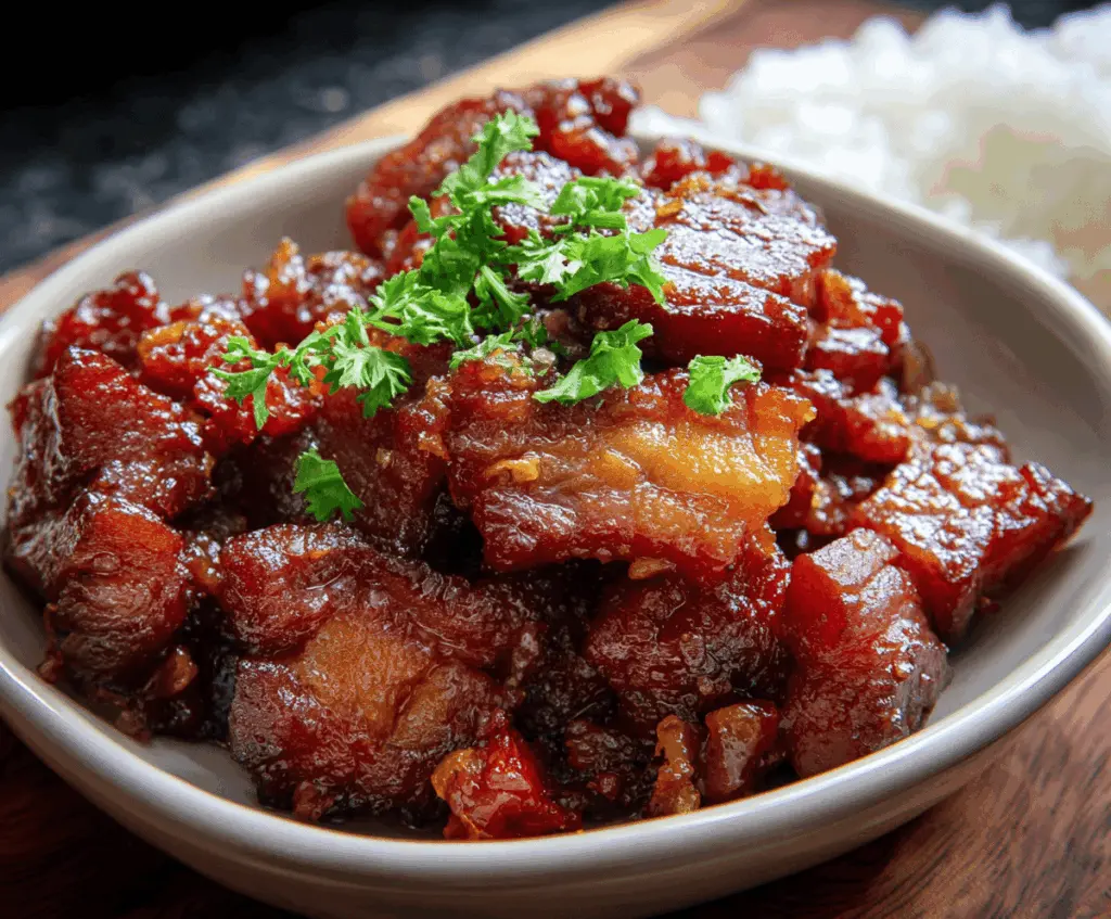 Delicious homemade Filipino pork tocino served on a plate with rice and garnished with fresh herbs