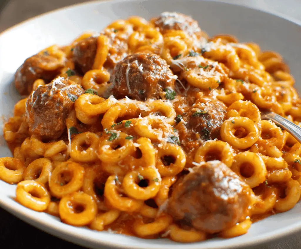Delicious homemade Spaghetti O's with juicy meatballs and melted cheese served on a plate