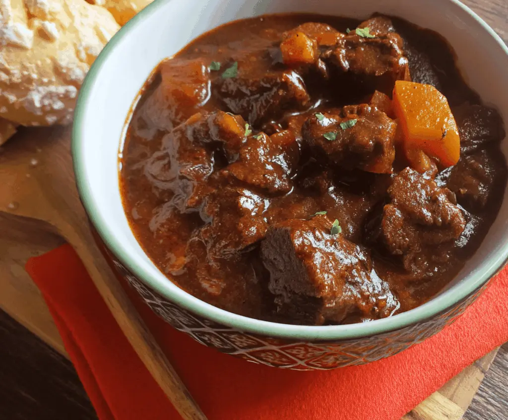 Creamy Instant Pot Chocolate Stout Beef Stew with tender beef chunks, vegetables, and rich chocolate stout sauce in a bowl
