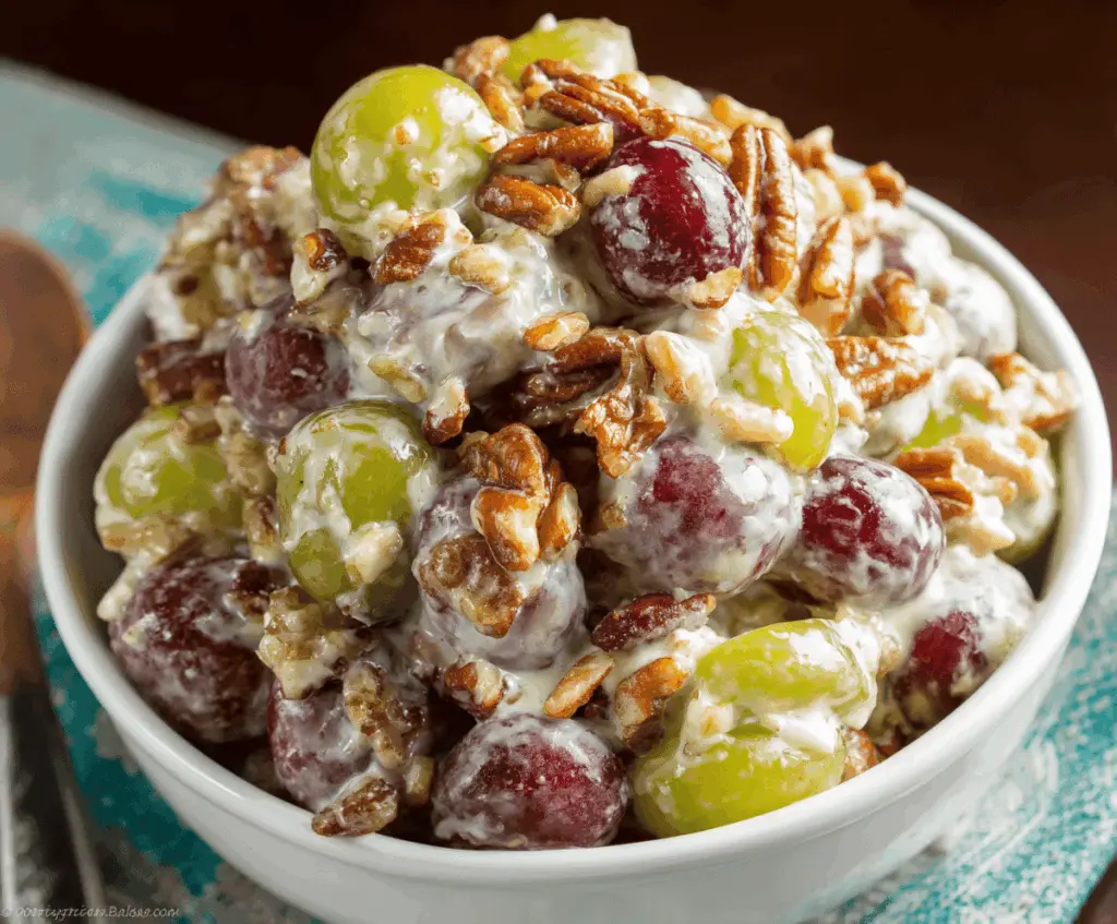 Delicious Pecan Crunch Grape Salad topped with crunchy pecans and fresh grapes in a bowl, perfect for summer gatherings