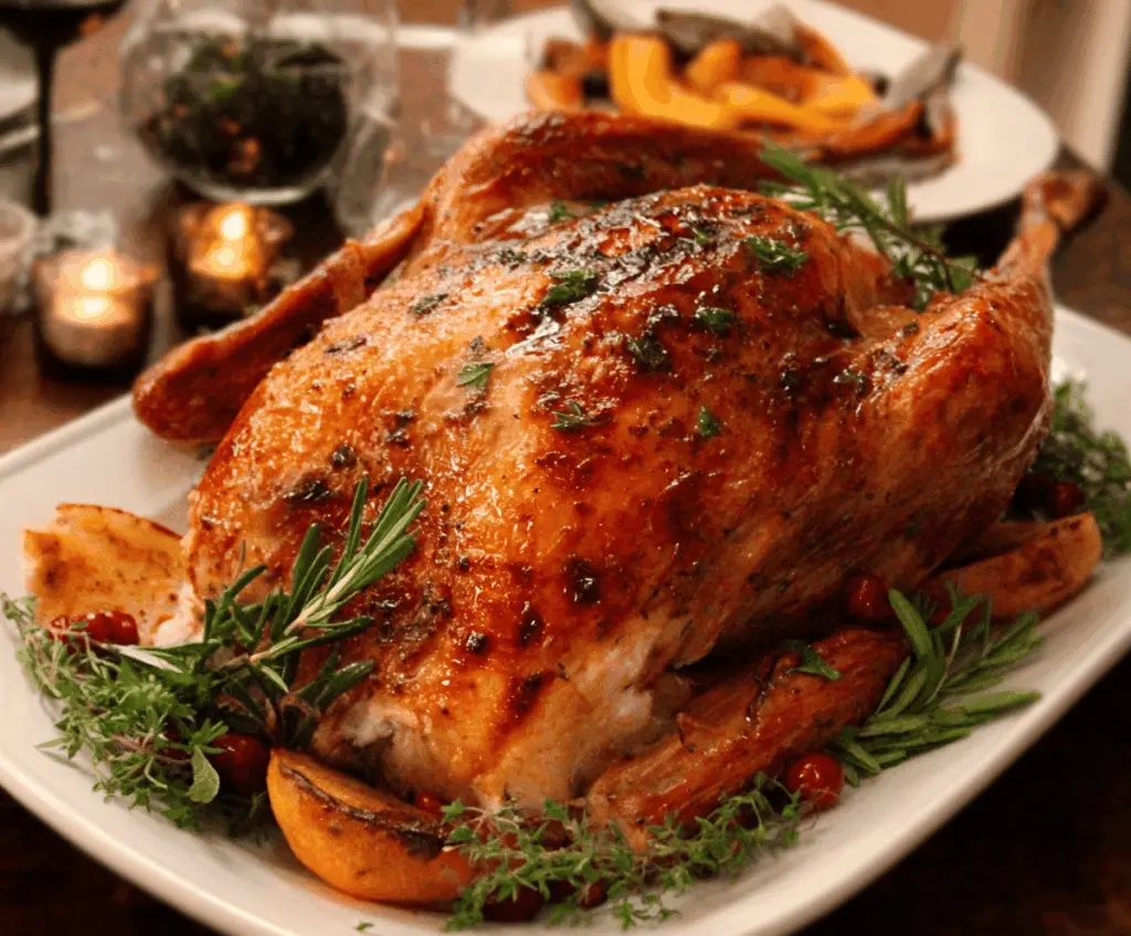 Juicy roasted turkey on a platter with crispy golden skin for a perfect holiday roast.