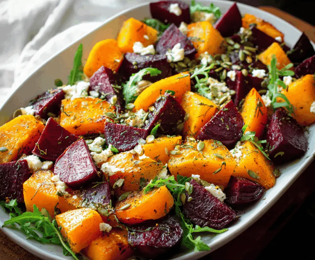 Colorful roasted beets and butternut squash halves seasoned and caramelized, perfect for a healthy side dish or salad topping.