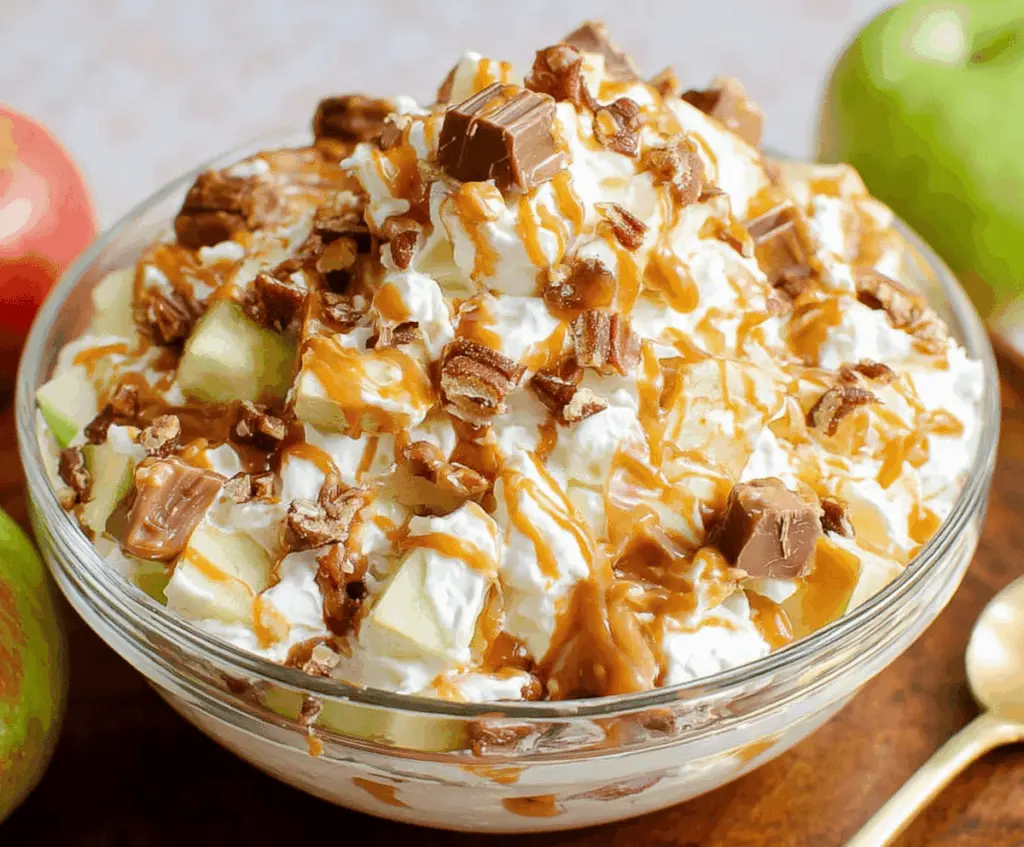 Delicious Snickers Apple Salad featuring fresh sliced apples, chopped Snickers bars, and creamy dressing, served in a clear glass bowl.