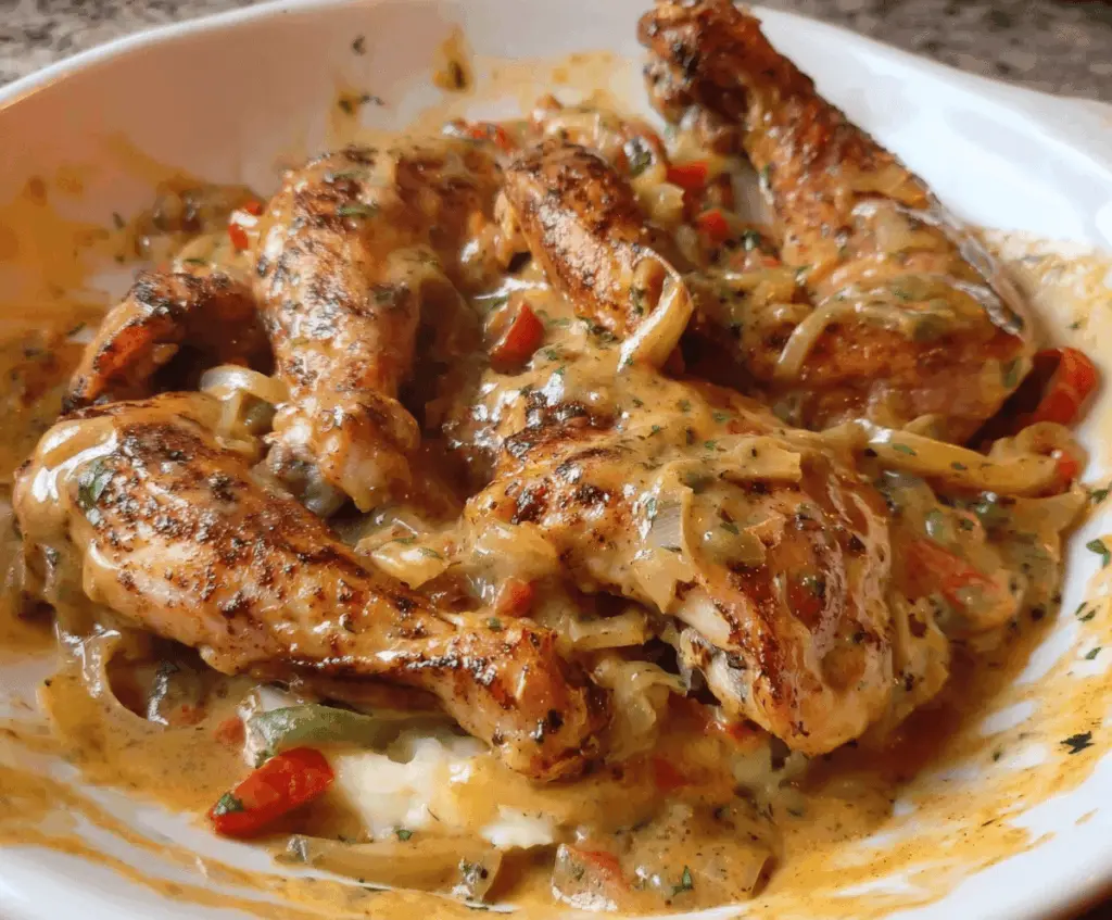 Delicious Southern smothered turkey wings served with savory gravy on a plate.