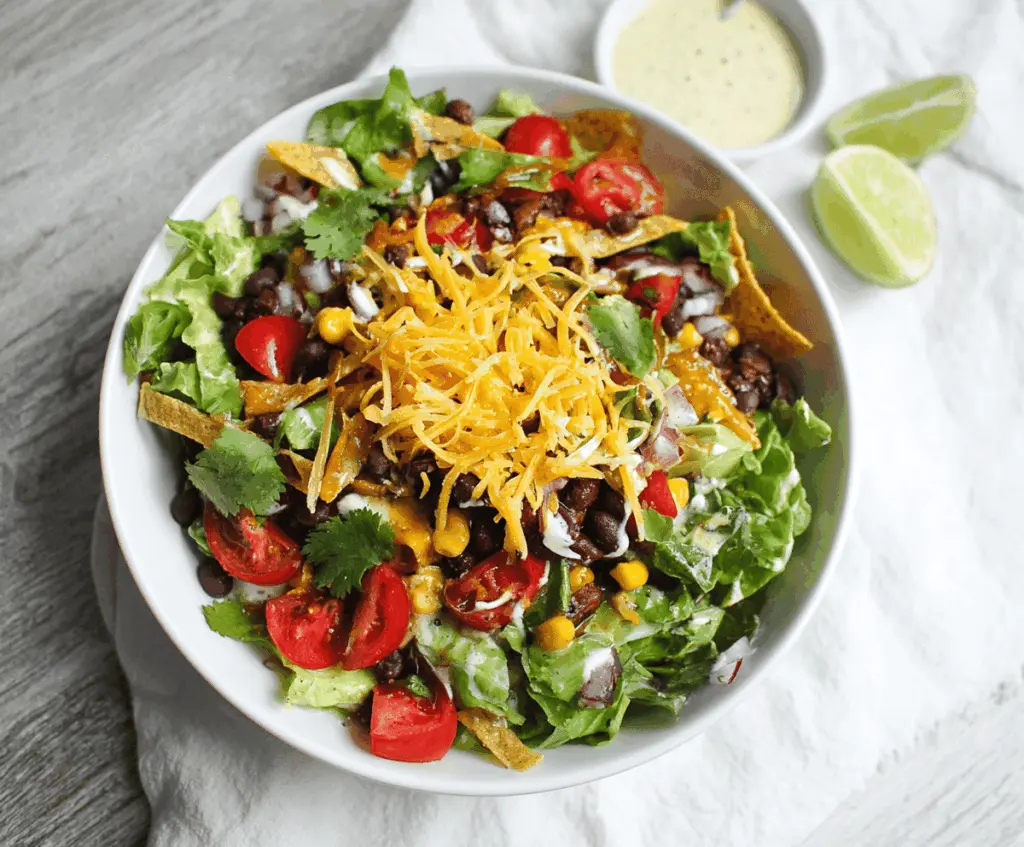 Colorful vegetarian black bean taco salad with fresh vegetables, shredded cheese, and tortilla chips in a bowl, perfect for a healthy and flavorful meal.