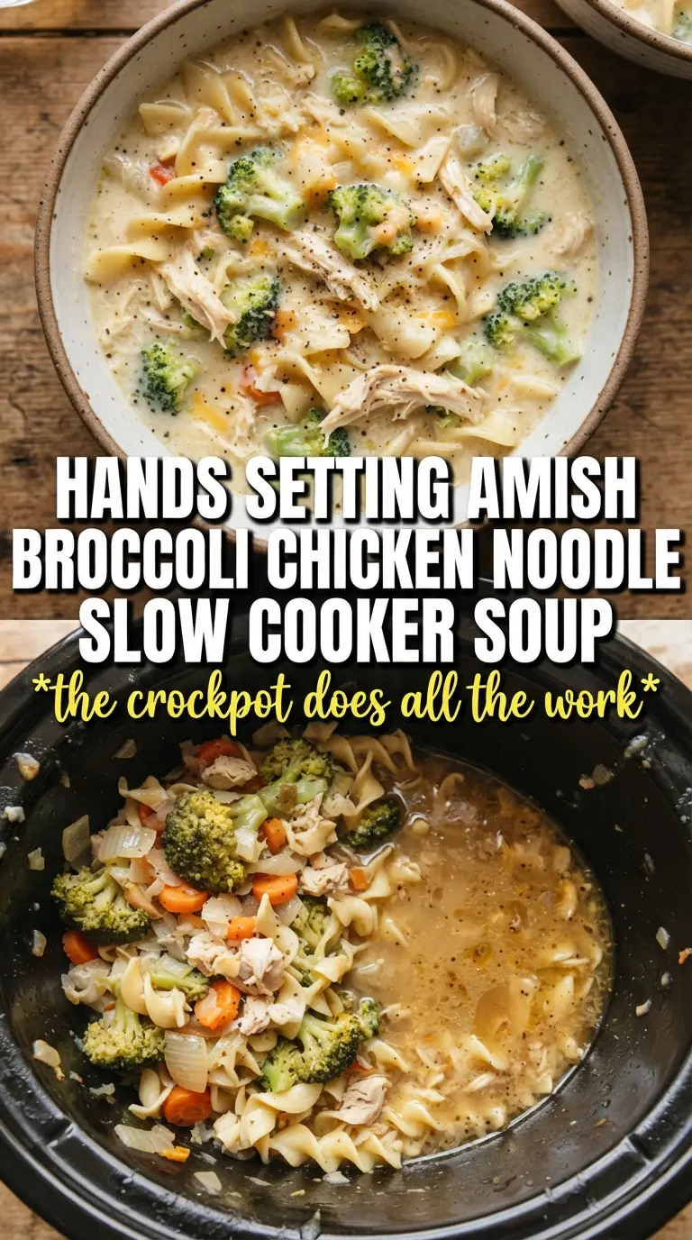 Amish Broccoli Chicken Noodle Slow Cooker Soup creamy broccoli chicken