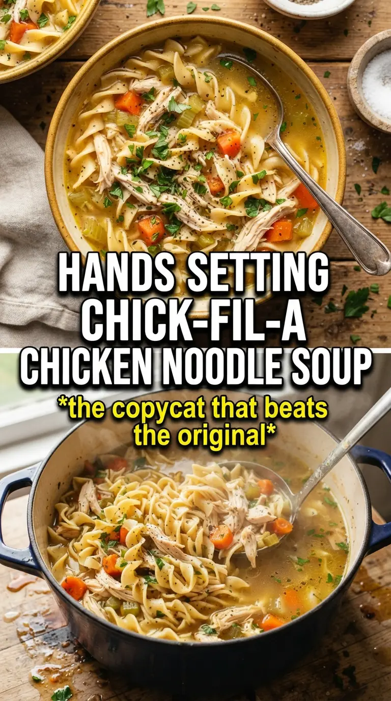 Chick-fil-A chicken noodle soup clear broth, tender noodles, diced chicken