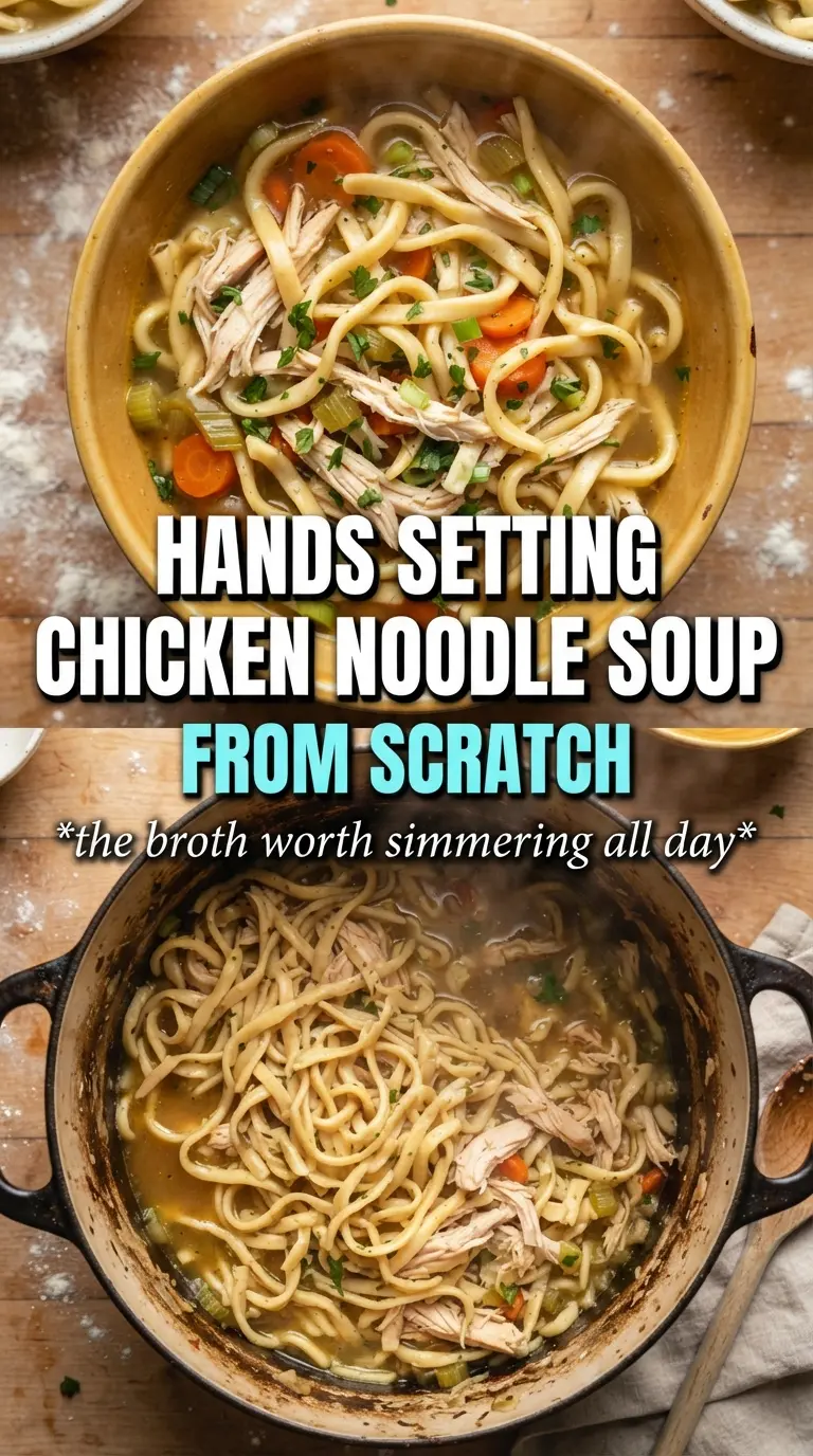 Chicken Noodle Soup From Scratch golden broth, shredded chicken, egg noodles