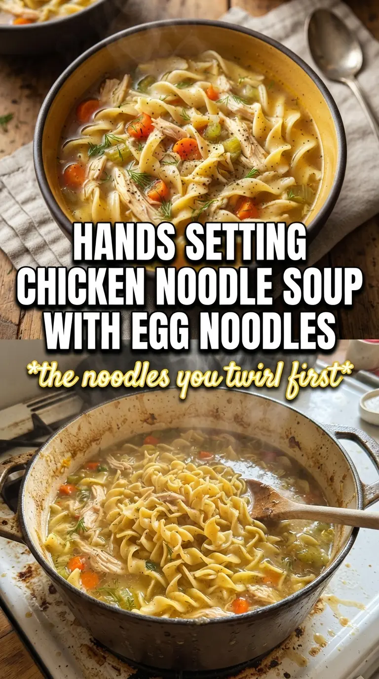 Chicken noodle soup with egg noodles golden broth, shredded chicken, fresh dill