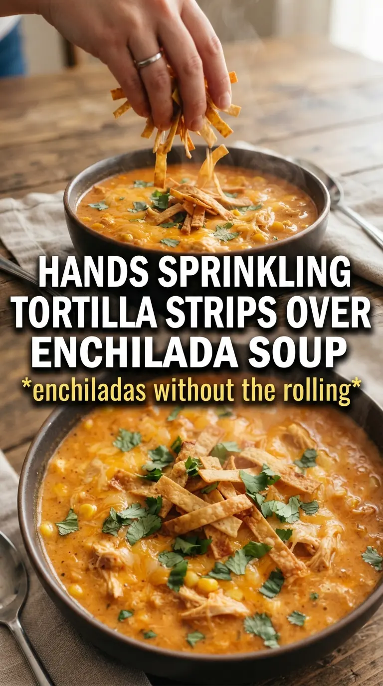 Creamy Chicken Enchilada Soup red broth, shredded chicken, tortilla strips