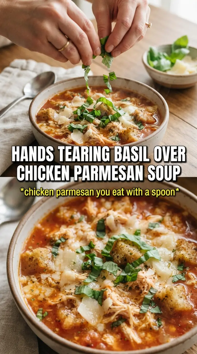 Crockpot Chicken Parmesan Soup tomato broth, cheesy, hearty
