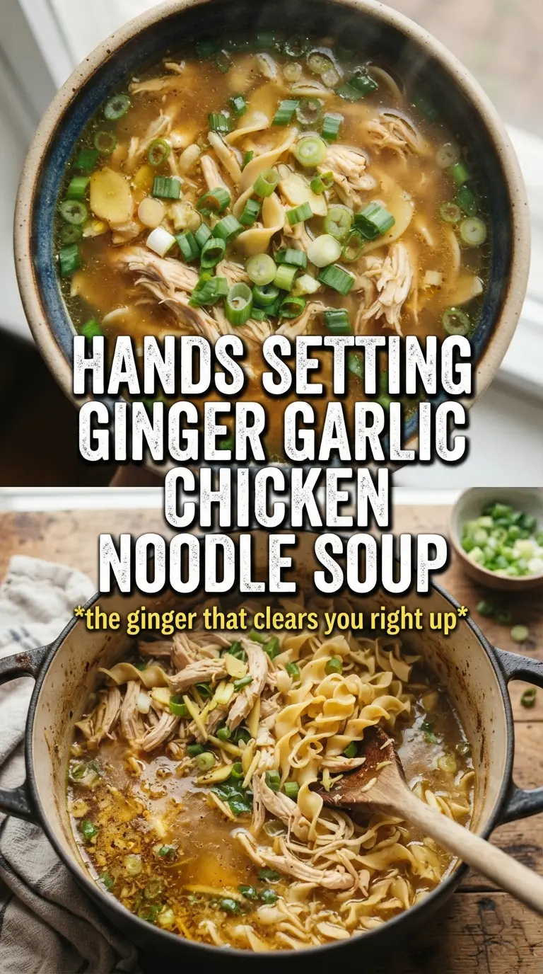 Ginger Garlic Chicken Noodle Soup clear broth, shredded chicken, tender noodles