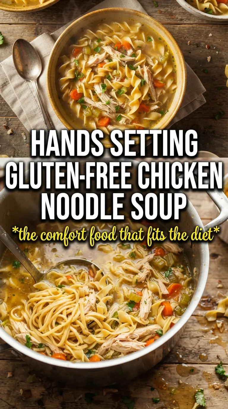 Gluten-Free Chicken Noodle Soup, golden broth, tender noodles
